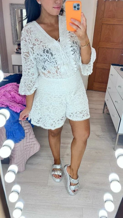 🏆LETZTER VERKAUFSTAG 50% RABATT -💖Lässiger kurzer Spitzenanzug mit V-Ausschnitt