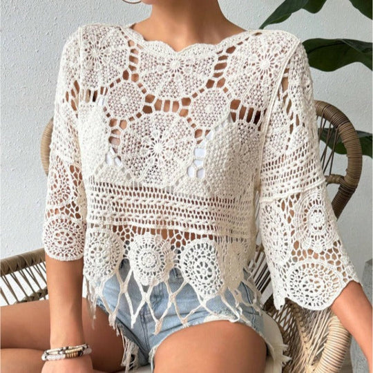 🌴Boho Chic Swim Cover-Up✨ Fringe Knit Top with 3/4 Sleeves👙 Casual Beach &amp; Party Wear☀️ Spring &amp; Fall