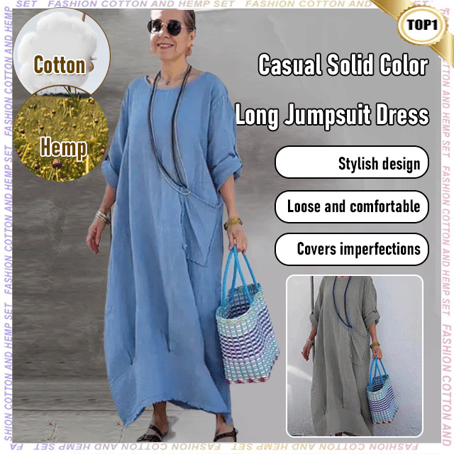 🔥 Frühling 2025 Verkauf - 50% off✨Baumwolle Leinen Casual Solide Farbe Taschen Rundhalsausschnitt Lang Jumpsuit