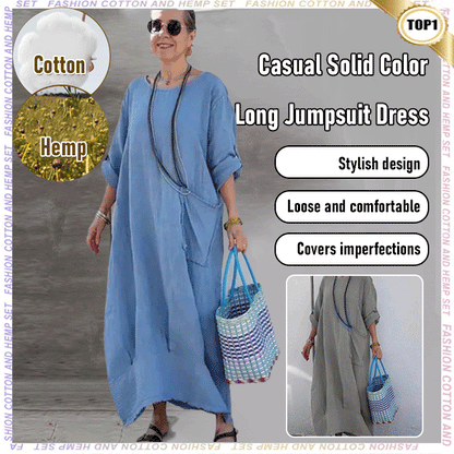 🔥 Frühling 2025 Verkauf - 50% off✨Baumwolle Leinen Casual Solide Farbe Taschen Rundhalsausschnitt Lang Jumpsuit