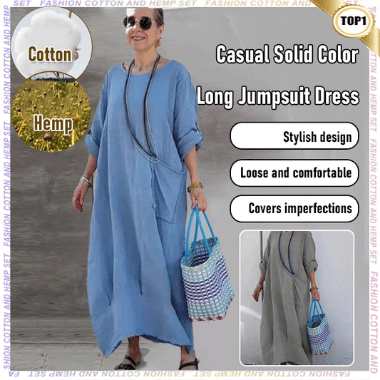 🔥 Frühling 2025 Verkauf - 50% off✨Baumwolle Leinen Casual Solide Farbe Taschen Rundhalsausschnitt Lang Jumpsuit