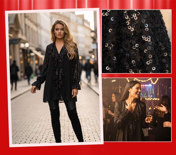 🎅 Festliche Vorratssale💥💃Langärmliges Chiffon-Shirt mit V-Ausschnitt und Pailletten für Damen🎁