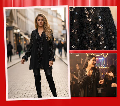 🎅 Festliche Vorratssale💥💃Langärmliges Chiffon-Shirt mit V-Ausschnitt und Pailletten für Damen🎁