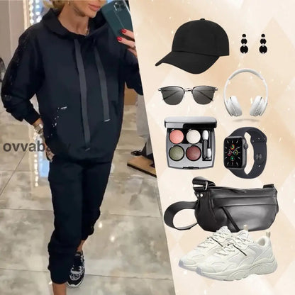 🌸Frühjahrsangebote💐✨Zweiteiliges Set mit Kapuzenoberteil und Hose mit Kordelzug für Frauen