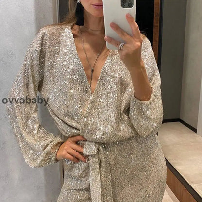 🌟💄Glitzernde Damen Jumpsuits mit V-Ausschnitt und Gürtel (Kostenloser Versand)