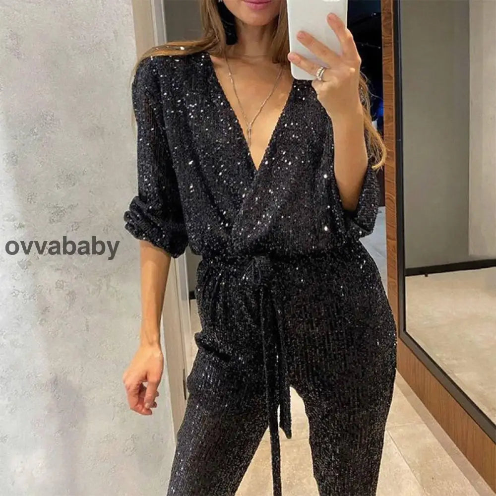 🌟💄Glitzernde Damen Jumpsuits mit V-Ausschnitt und Gürtel (Kostenloser Versand)