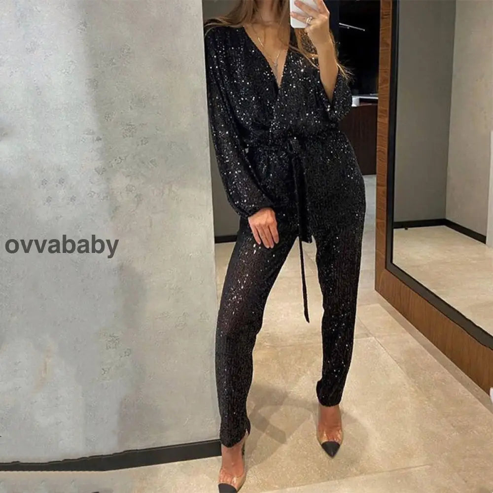 🌟💄Glitzernde Damen Jumpsuits mit V-Ausschnitt und Gürtel (Kostenloser Versand)