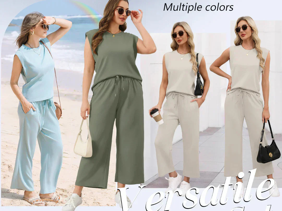 🌺2026 Neu eingetroffen - 50% OFF🌺Damen Casual Cap Ärmel Top Weite Hosen Set