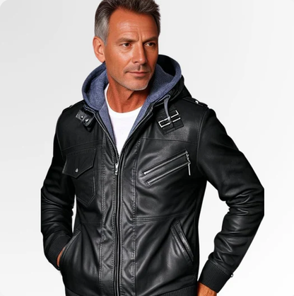 Herrenjacke aus PU-Leder mit Reißverschluss und Kapuze
