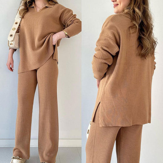 🔥50% RABATT🎁Zweiteiliges Strick-Set mit V-Ausschnitt und Schlitz