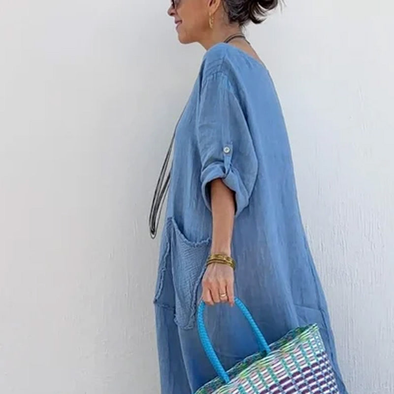 🔥 Frühling 2025 Verkauf - 50% off✨Baumwolle Leinen Casual Solide Farbe Taschen Rundhalsausschnitt Lang Jumpsuit