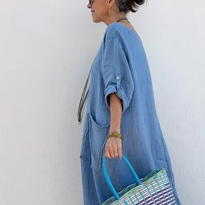 🔥 Frühling 2025 Verkauf - 50% off✨Baumwolle Leinen Casual Solide Farbe Taschen Rundhalsausschnitt Lang Jumpsuit