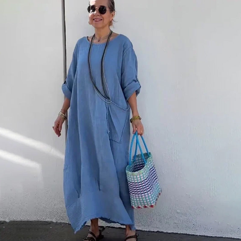 🔥 Frühling 2025 Verkauf - 50% off✨Baumwolle Leinen Casual Solide Farbe Taschen Rundhalsausschnitt Lang Jumpsuit