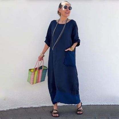 🔥 Frühling 2025 Verkauf - 50% off✨Baumwolle Leinen Casual Solide Farbe Taschen Rundhalsausschnitt Lang Jumpsuit