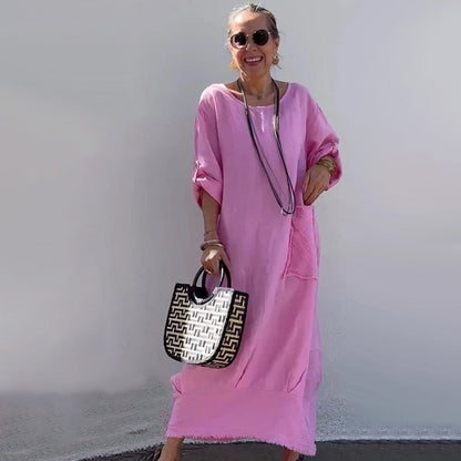 🔥 Frühling 2025 Verkauf - 50% off✨Baumwolle Leinen Casual Solide Farbe Taschen Rundhalsausschnitt Lang Jumpsuit