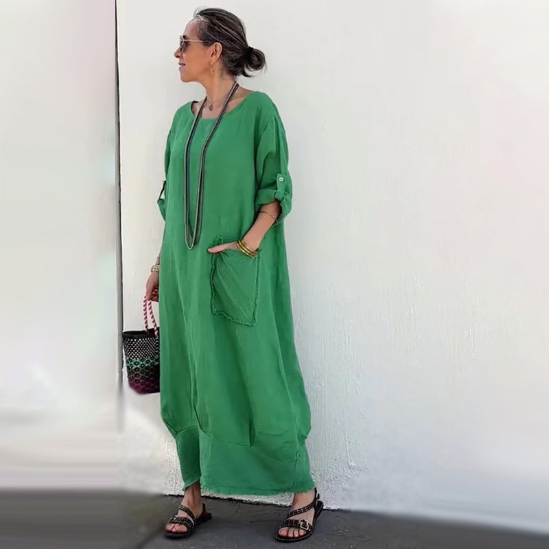 🔥 Frühling 2025 Verkauf - 50% off✨Baumwolle Leinen Casual Solide Farbe Taschen Rundhalsausschnitt Lang Jumpsuit