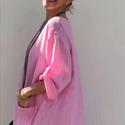 🔥 Frühling 2025 Verkauf - 50% off✨Baumwolle Leinen Casual Solide Farbe Taschen Rundhalsausschnitt Lang Jumpsuit