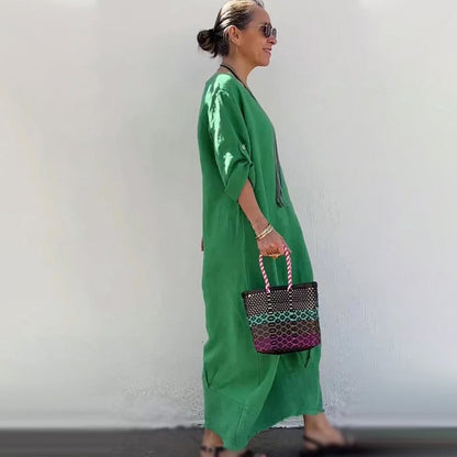 🔥 Frühling 2025 Verkauf - 50% off✨Baumwolle Leinen Casual Solide Farbe Taschen Rundhalsausschnitt Lang Jumpsuit