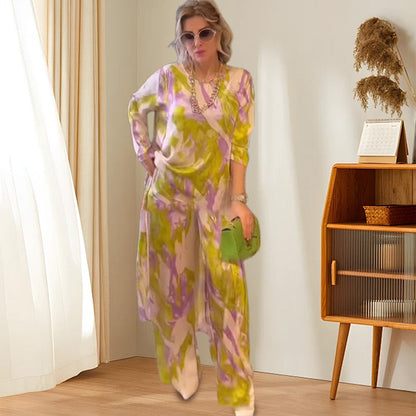 🦋HERAUSFORDERUNG - 51 % RABATT💖2-teiliges Set mit bedrucktem Oberteil mit langem Saum und lockerer Hose