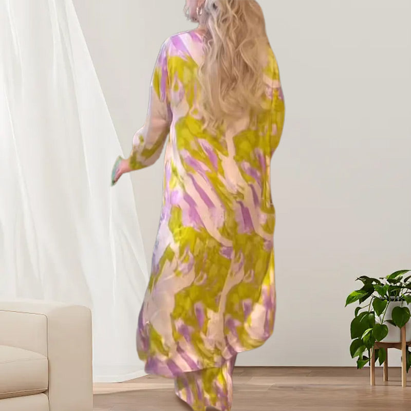 🦋HERAUSFORDERUNG - 51 % RABATT💖2-teiliges Set mit bedrucktem Oberteil mit langem Saum und lockerer Hose