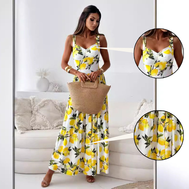 💕62% RABATT🍋Elegantes langes Kleid mit Spaghettiträgern und Zitronendruck für Frauen