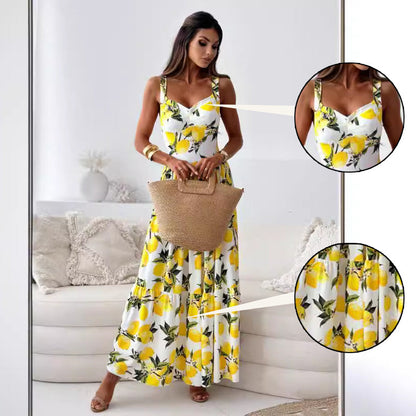 💕62% RABATT🍋Elegantes langes Kleid mit Spaghettiträgern und Zitronendruck für Frauen