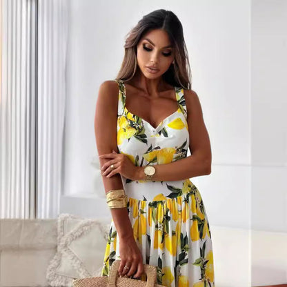 💕62% RABATT🍋Elegantes langes Kleid mit Spaghettiträgern und Zitronendruck für Frauen