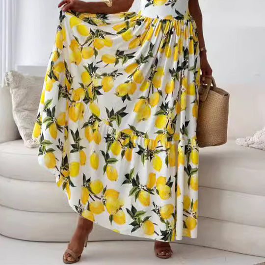 💕62% RABATT🍋Elegantes langes Kleid mit Spaghettiträgern und Zitronendruck für Frauen