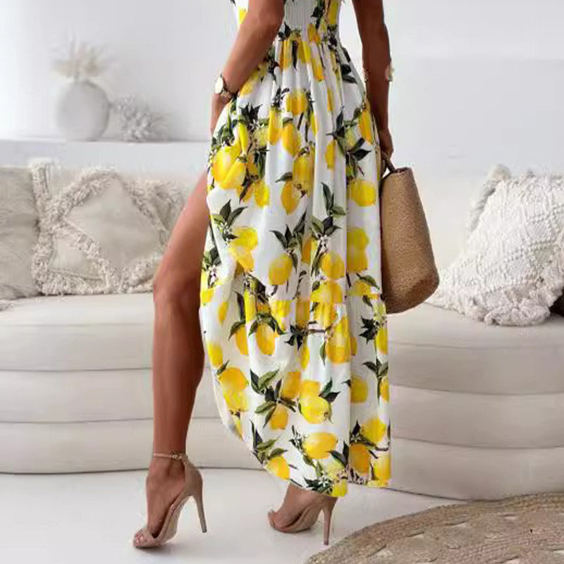 💕62% RABATT🍋Elegantes langes Kleid mit Spaghettiträgern und Zitronendruck für Frauen