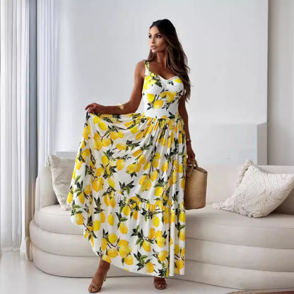 💕62% RABATT🍋Elegantes langes Kleid mit Spaghettiträgern und Zitronendruck für Frauen
