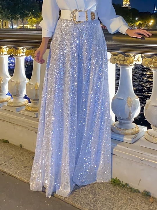 Elegante langärmelige Bluse mit V-Ausschnitt und weite, mit Pailletten besetzte Jumpsuit-Hose