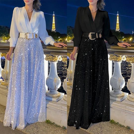 Elegante langärmelige Bluse mit V-Ausschnitt und weite, mit Pailletten besetzte Jumpsuit-Hose