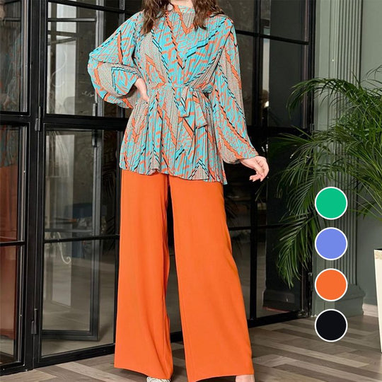 Modische Plissee-Bluse &amp; Hose mit weitem Bein, 2-teiliges Set