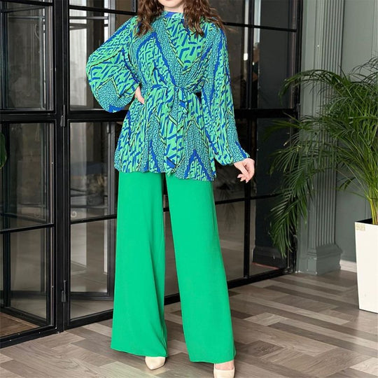 Modische Plissee-Bluse &amp; Hose mit weitem Bein, 2-teiliges Set