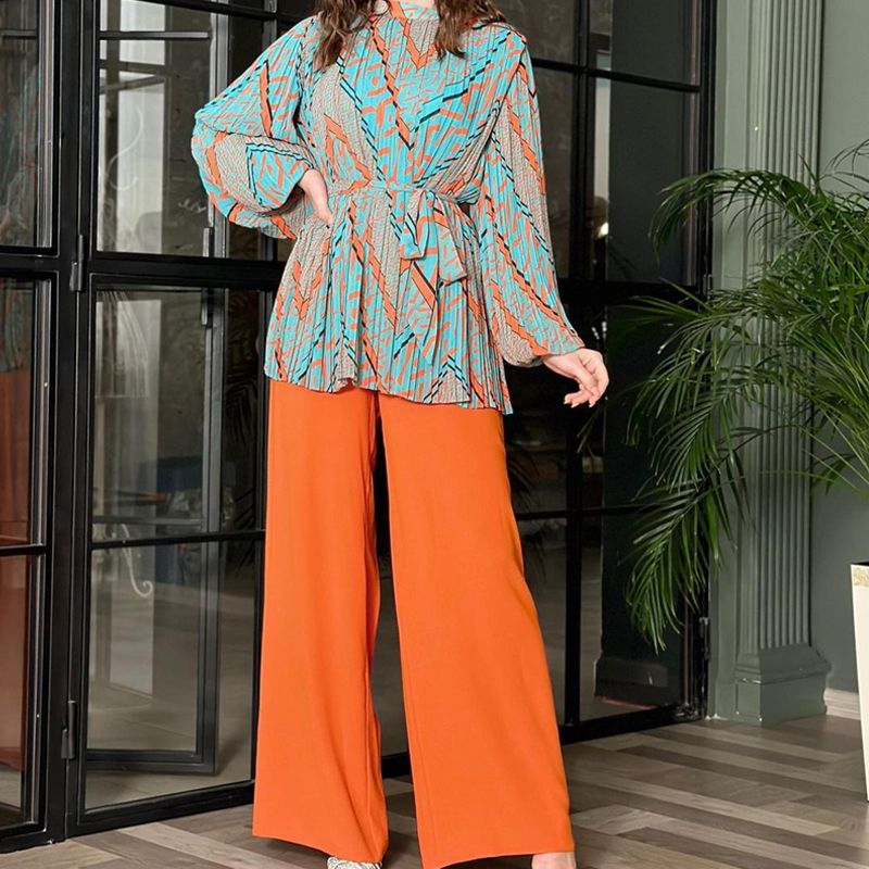 Modische Plissee-Bluse &amp; Hose mit weitem Bein, 2-teiliges Set