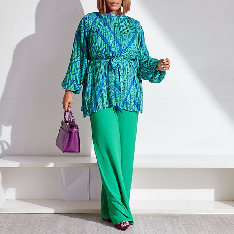 Modische Plissee-Bluse &amp; Hose mit weitem Bein, 2-teiliges Set
