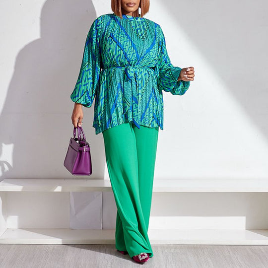 Modische Plissee-Bluse &amp; Hose mit weitem Bein, 2-teiliges Set