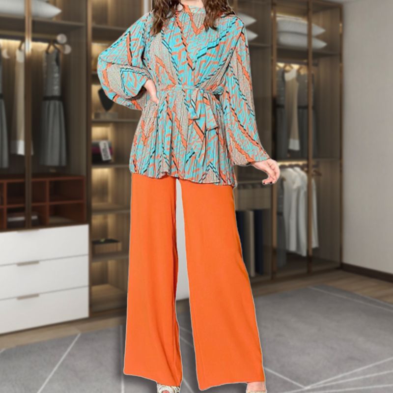 Modische Plissee-Bluse &amp; Hose mit weitem Bein, 2-teiliges Set