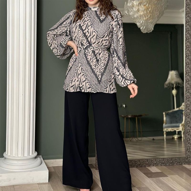 Modische Plissee-Bluse &amp; Hose mit weitem Bein, 2-teiliges Set