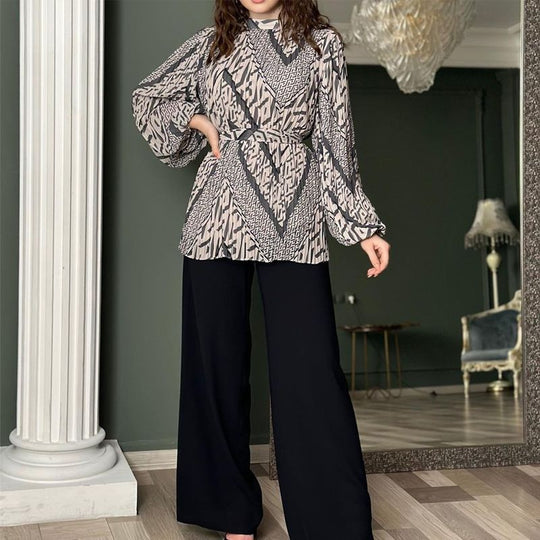 Modische Plissee-Bluse &amp; Hose mit weitem Bein, 2-teiliges Set