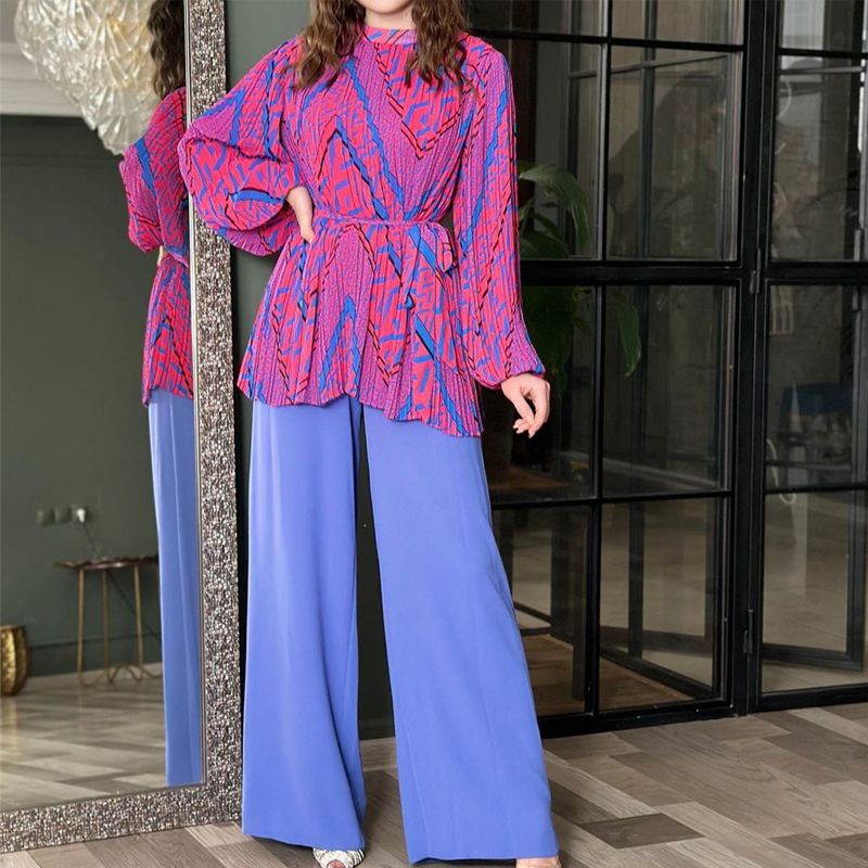 Modische Plissee-Bluse &amp; Hose mit weitem Bein, 2-teiliges Set