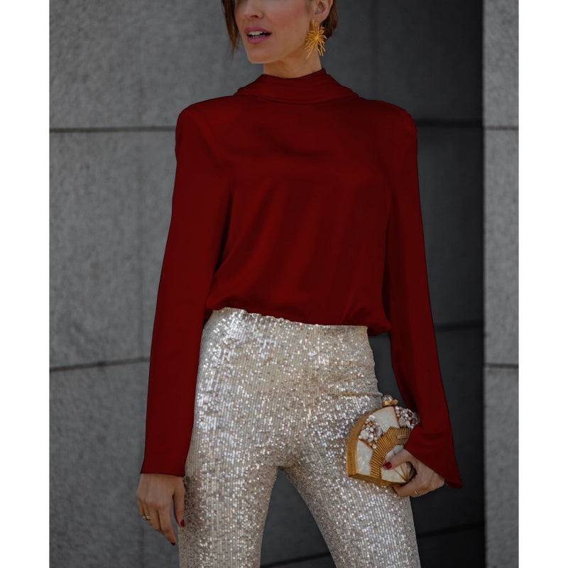 Rüschen-Oberteil mit langen Ärmeln und tiefem Wasserfallrücken