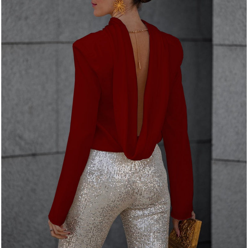 Rüschen-Oberteil mit langen Ärmeln und tiefem Wasserfallrücken