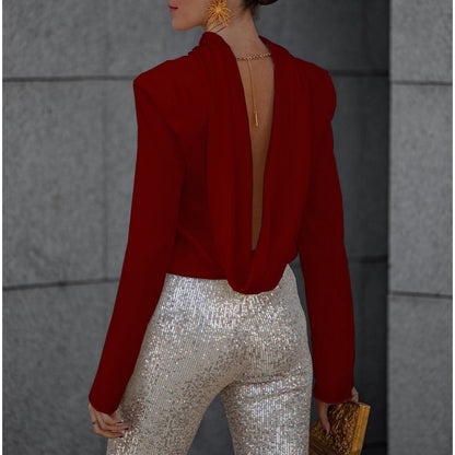 Rüschen-Oberteil mit langen Ärmeln und tiefem Wasserfallrücken