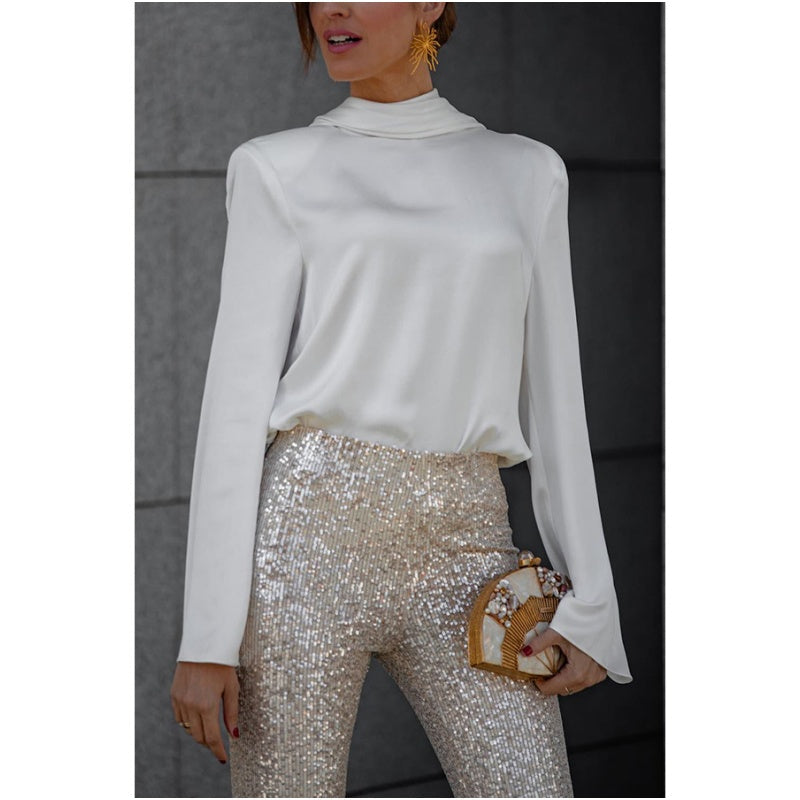 Rüschen-Oberteil mit langen Ärmeln und tiefem Wasserfallrücken