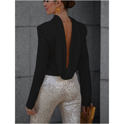 Rüschen-Oberteil mit langen Ärmeln und tiefem Wasserfallrücken