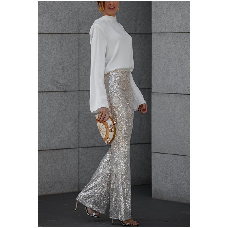 Rüschen-Oberteil mit langen Ärmeln und tiefem Wasserfallrücken