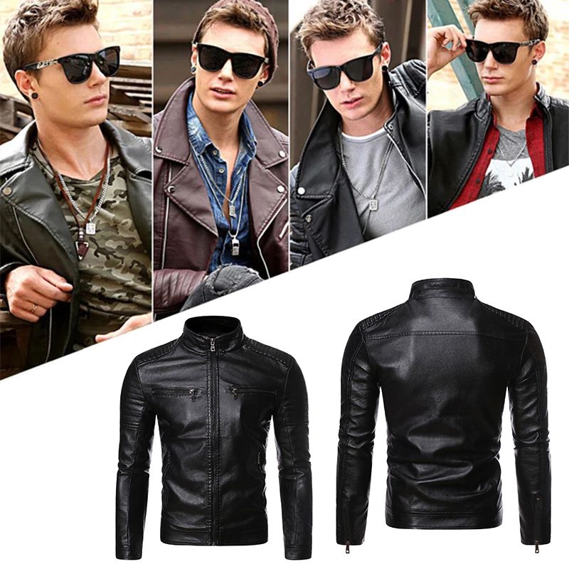 Biker-Lederjacke mit Stehkragen für Herren
