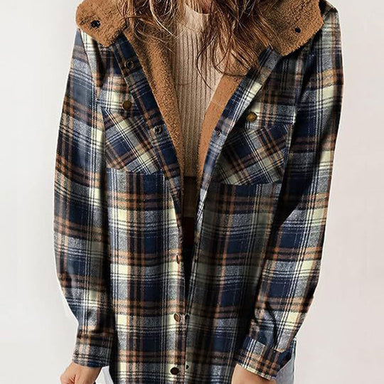 🔥Damen Herbst und Winter verdickter Flanell langärmelige karierte Kapuzenjacke