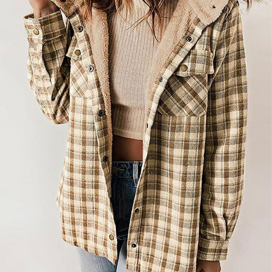 🔥Damen Herbst und Winter verdickter Flanell langärmelige karierte Kapuzenjacke
